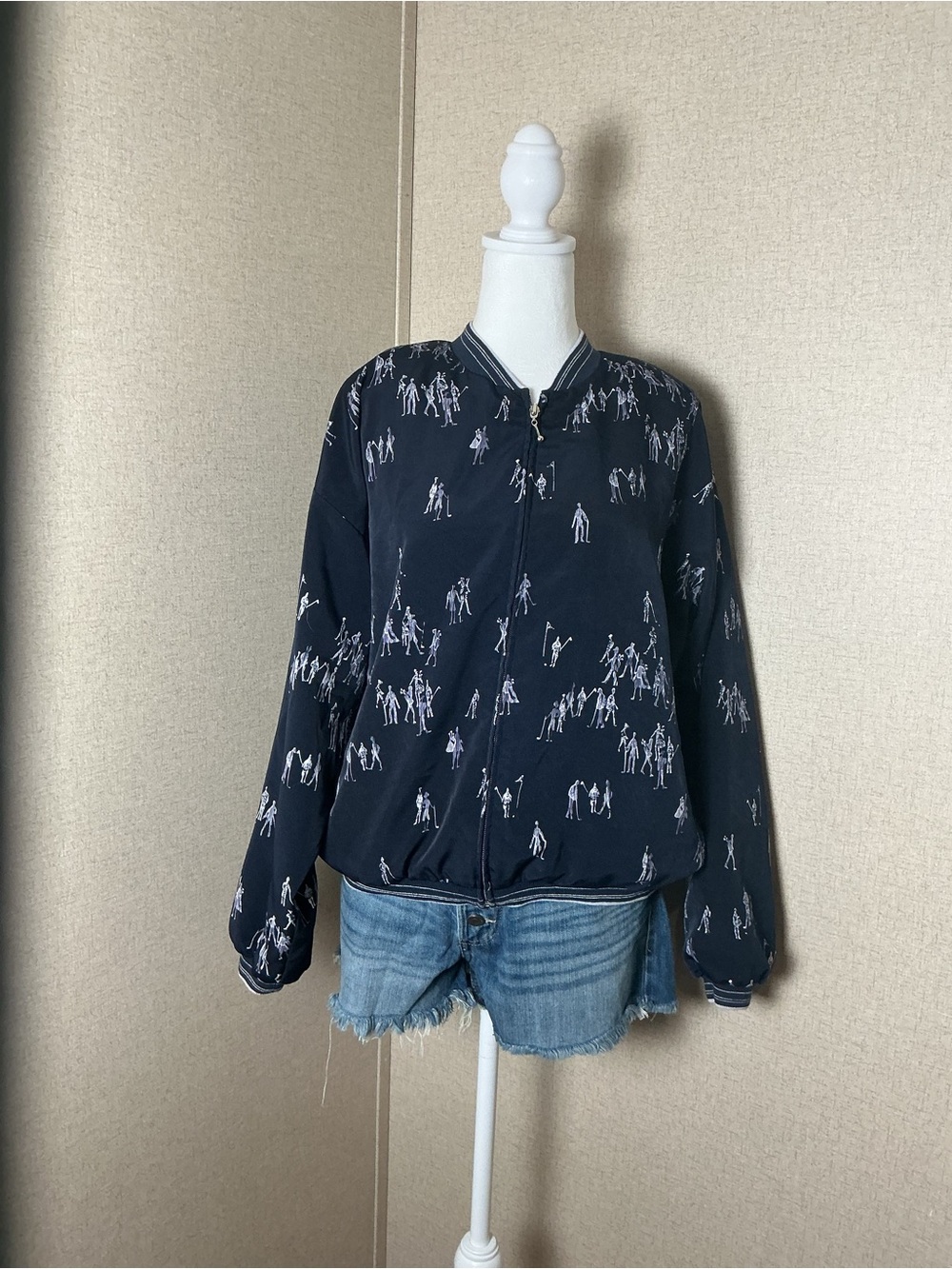 Vintage Sportfolio by Marcia Women's Navy Bomber Jacket with White Figure Print